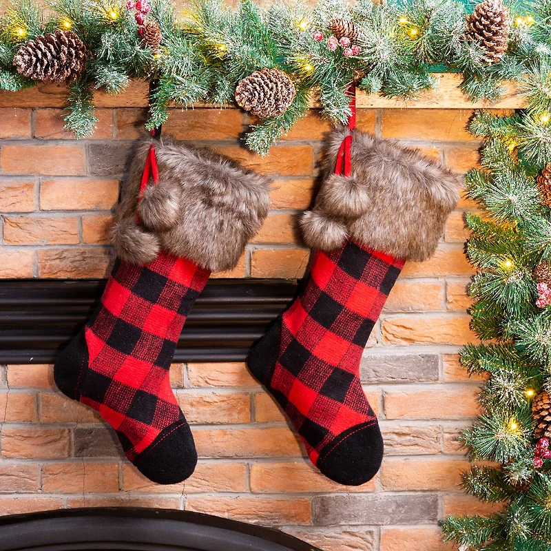 Glitzhome® 21" Black And Red Buffalo Plaid Pompom Stocking, Set Of 2