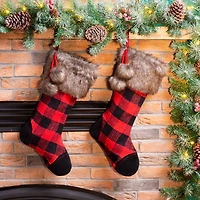Glitzhome® 21" Black And Red Buffalo Plaid Pompom Stocking, Set Of 2