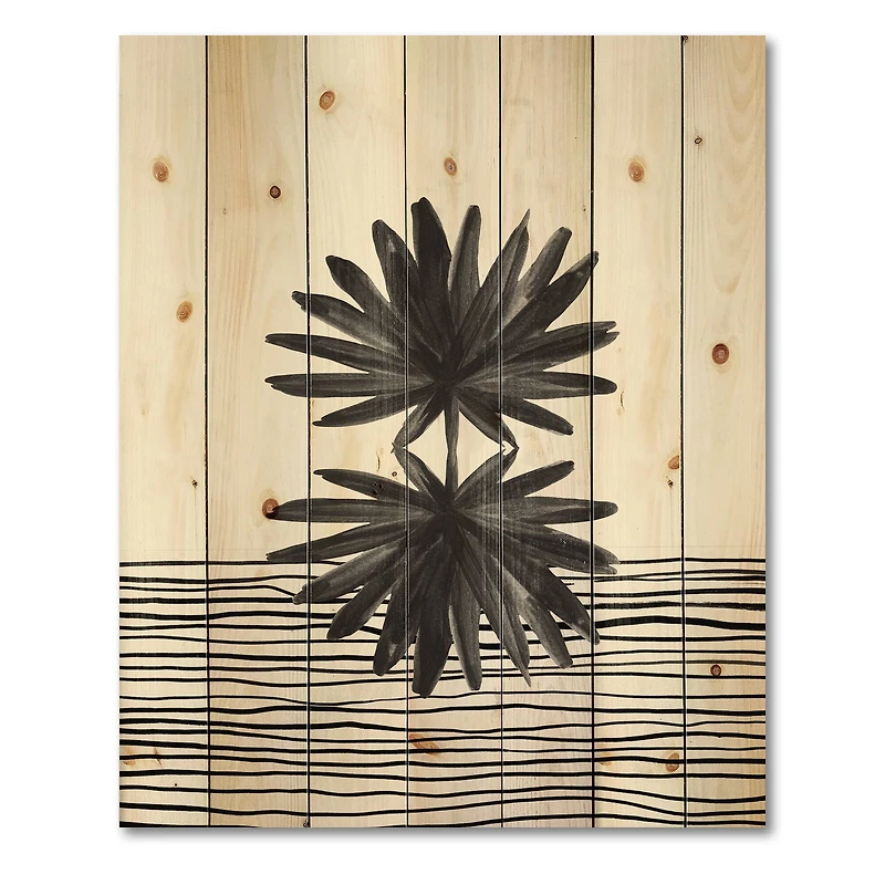Designart - Black and White Tropical Leaf On Striped II