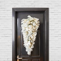 Glitzhome® 36" Pre-Lit Flocked Greenery Pine White Poinsettia & Berry Christmas Teardrop with Timer