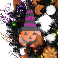 24'' Unlit Jack-O-Lantern in Witches Hat Halloween Pine Wreath