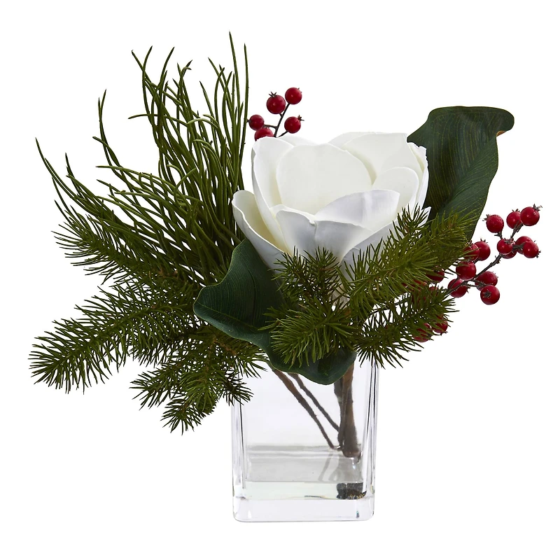 13" Magnolia, Berries & Pine Arrangement in Vase