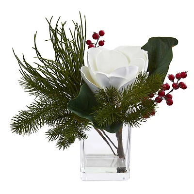 13" Magnolia, Berries & Pine Arrangement in Vase