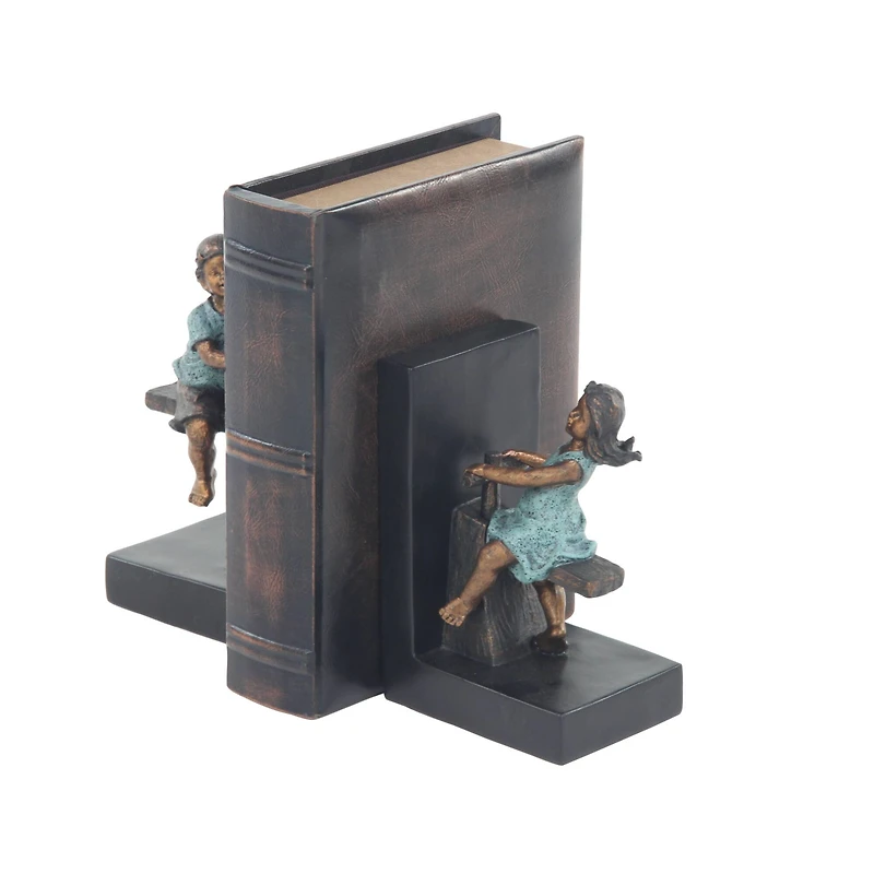 8" Brown Polystone Playing Children Bookends
