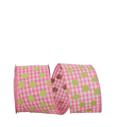JAM Paper 2.5" x 10yd. Pink Dots & Lime Gingham Check Wired Ribbon