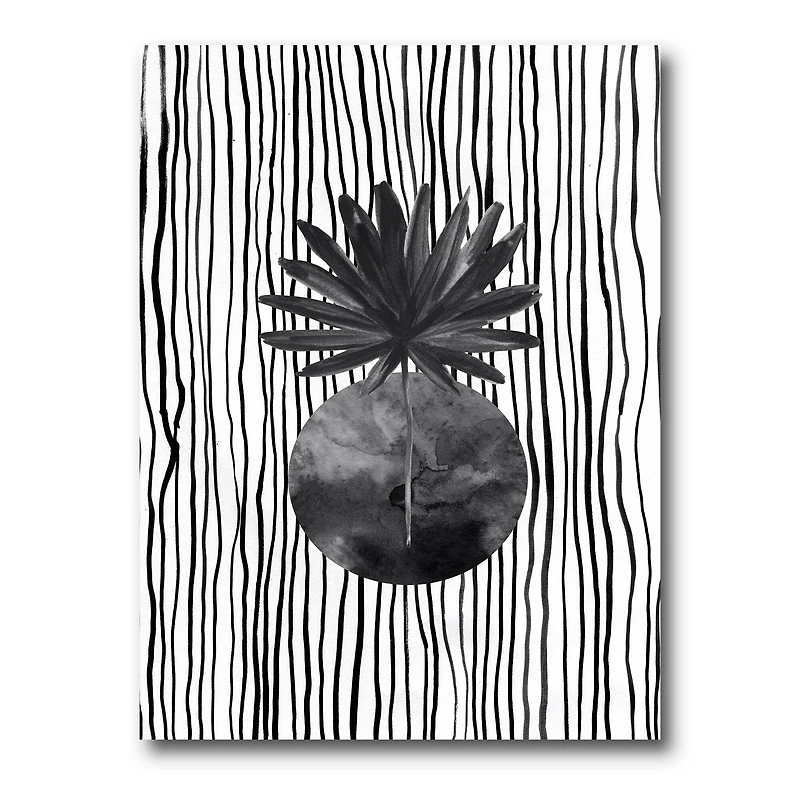 Designart - Black and White Tropical Leaf On Striped I
