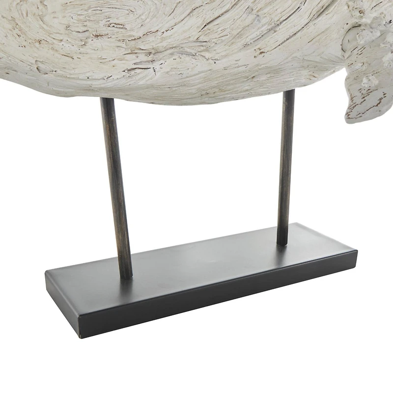 32" Cream Polystone Whale Sculpture with Brown Distressing & Black Metal Stand