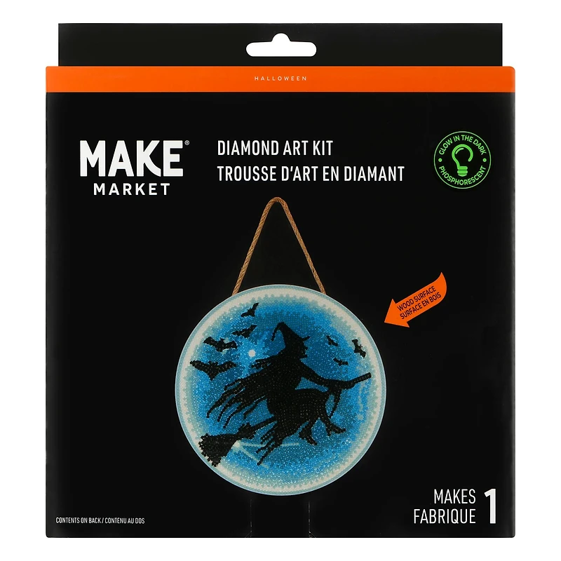 8" Glow-in-the-Dark Witch on Broom Stick Round Wood Plaque Diamond Art Kit by Make Market®
