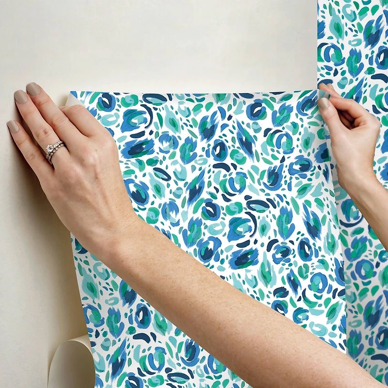 RoomMates Blue & Green Brushstroke Leopard Peel and Stick Wallpaper