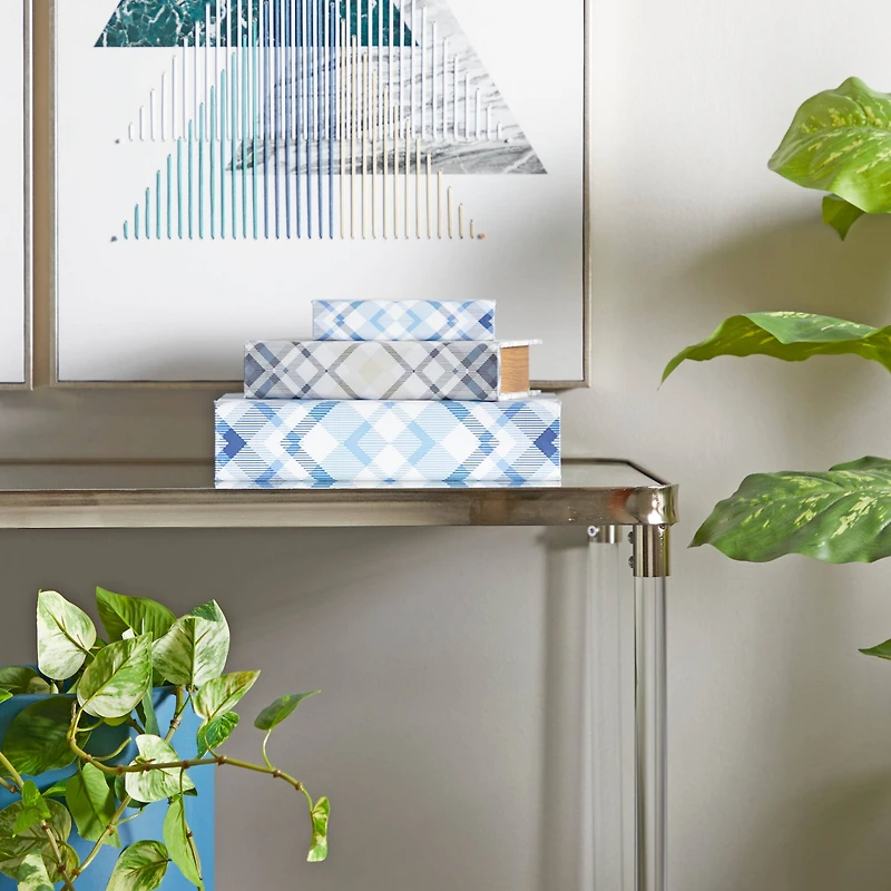 Blue Plaid Canvas Faux Book Box Set