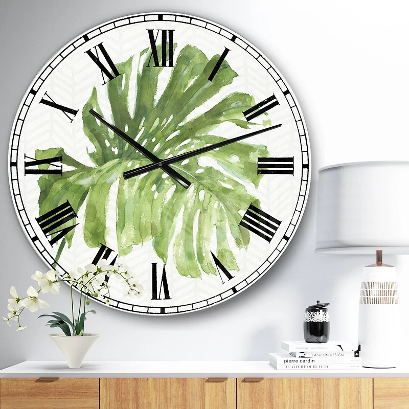 Designart 'Mixed Botanical Green Leaves V Farmhouse Wall Clock