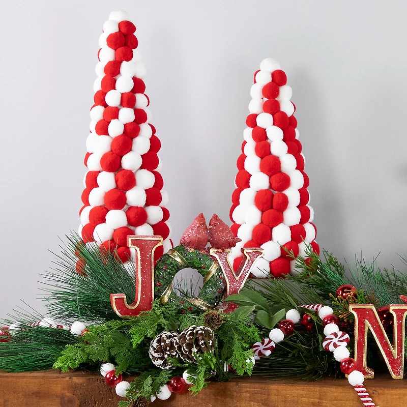 15" Red & White Candy Cane Pom Pom Christmas Tree Table Décor