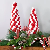 15" Red & White Candy Cane Pom Pom Christmas Tree Table Décor