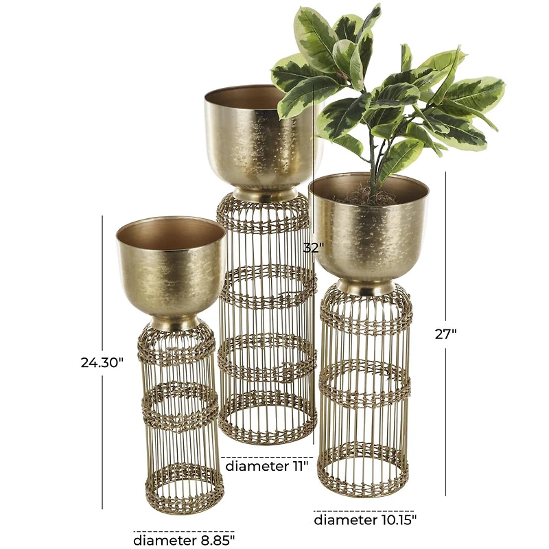 Gold Metal Textured Rounded Dome Planter & Pedestal Base Set