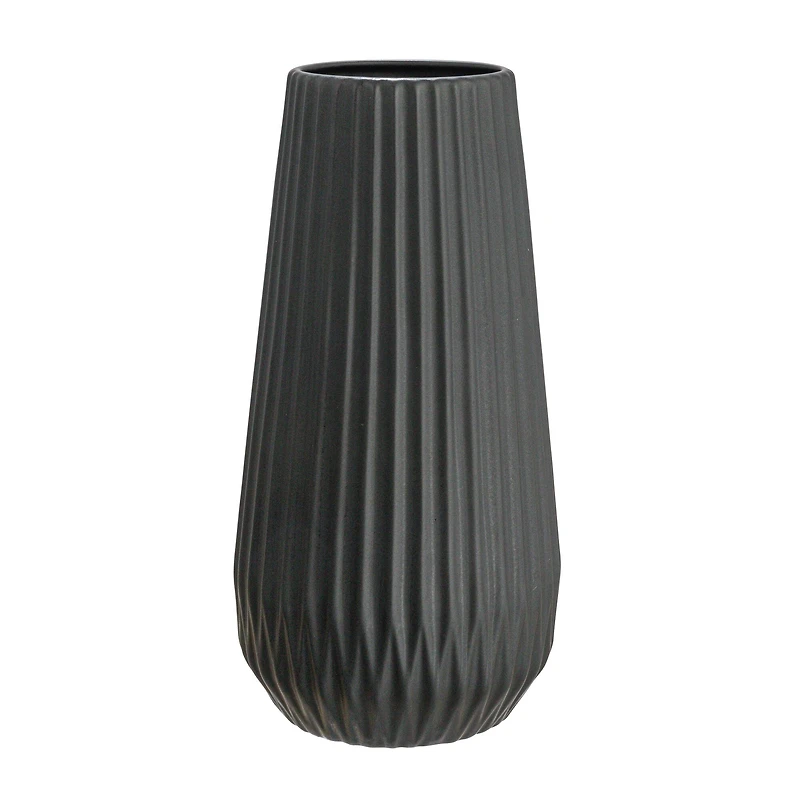 Hello Honey® 11.5" Matte Black Round Stoneware Fluted Vase with Embossed Lines
