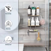 NEX™ Silver Stainless Steel & Bamboo Hanging Caddy Shower Organizer with Hooks