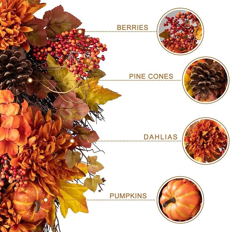 Glitzhome® 27" Fall Dahlia, Pumpkin, Leaf & Berry Swag