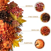 Glitzhome® 27" Fall Dahlia, Pumpkin, Leaf & Berry Swag