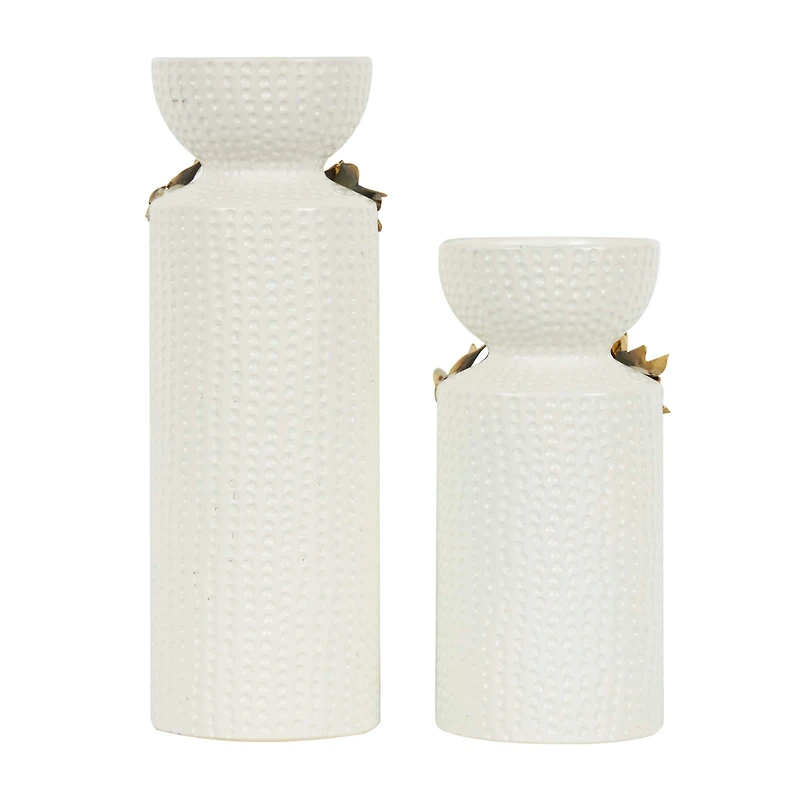 White Abstract Spotted Ceramic Pillar Candle Holder Set with Gold Leaf Accents