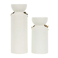 White Abstract Spotted Ceramic Pillar Candle Holder Set with Gold Leaf Accents