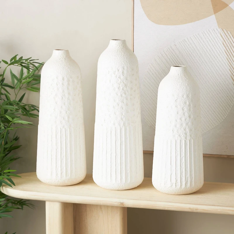 White Metal Textured Decorative Vase with Honeycomb Pattern Set