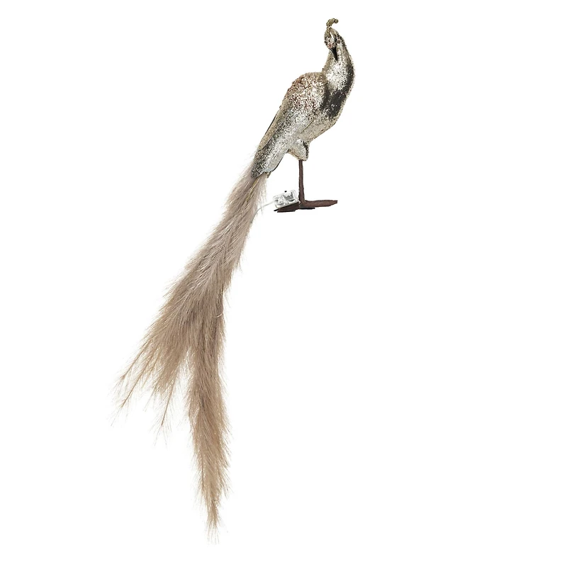 Hello Honey® 11" Champagne Fabric & Feather Peacock with Glitter and LED Lights