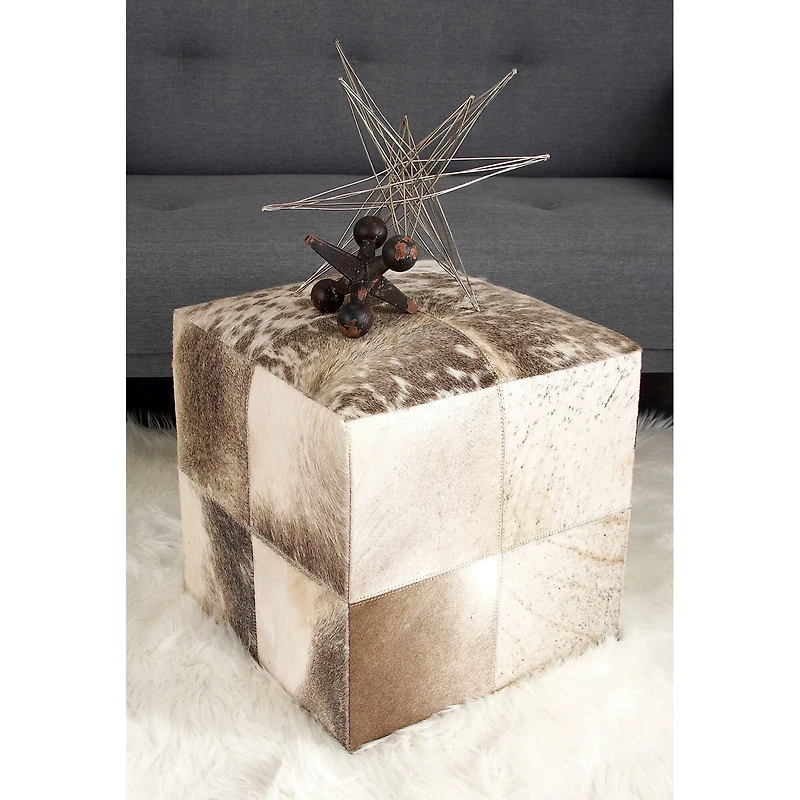 16" Gray Leather & Wood Glam Ottoman