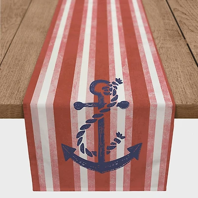 Red Stripes & Anchors Poly Twill Table Runner
