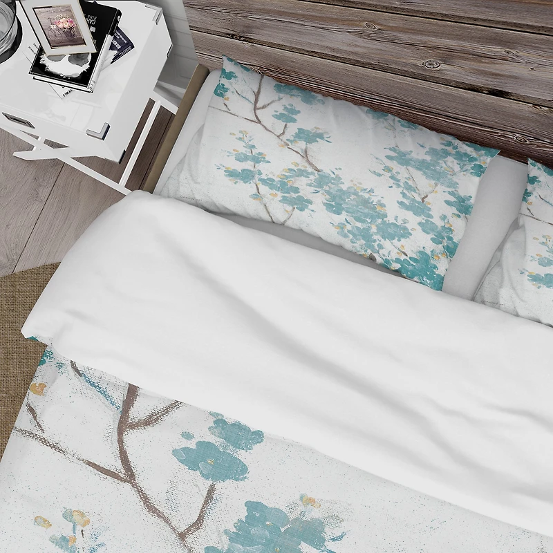 Designart 'Teal Cherry Blossoms II' Farmhouse Bedding Set
