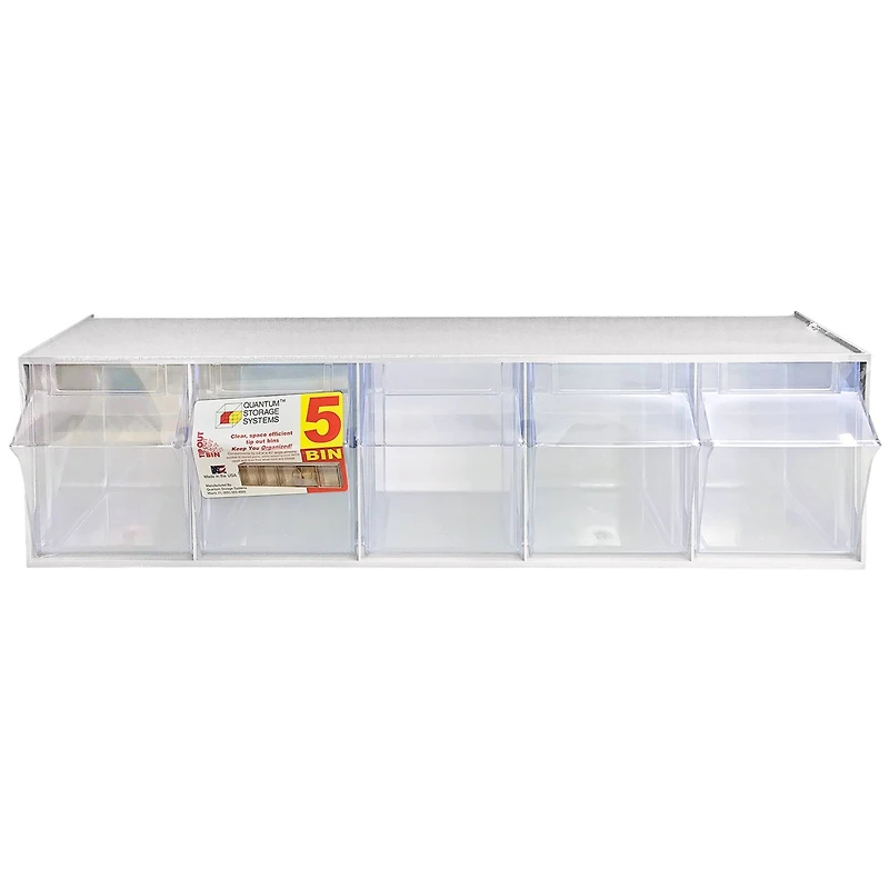 Quantum Storage Systems® 5.25" x 23.625" White 5 Compartment Storage Box with Clear Tip Out Bins