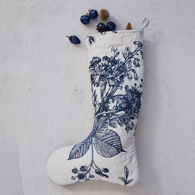 Hello Honey® 20" White & Blue Botanical Print Quilted Cotton Stocking