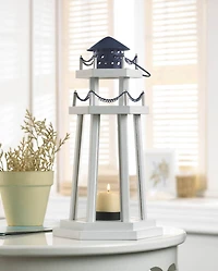 12.25" White Wooden Lighthouse Hanging Candle Lantern with Chain Detailing