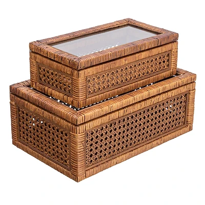 Hello Honey® Dark Brown Modern Decorative Rectangle Woven Rattan & Wood Display Box Set with Glass Top