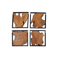 Set of 4 Brown Teak Wood Rustic Abstract Wall Decor, 18" x 18"