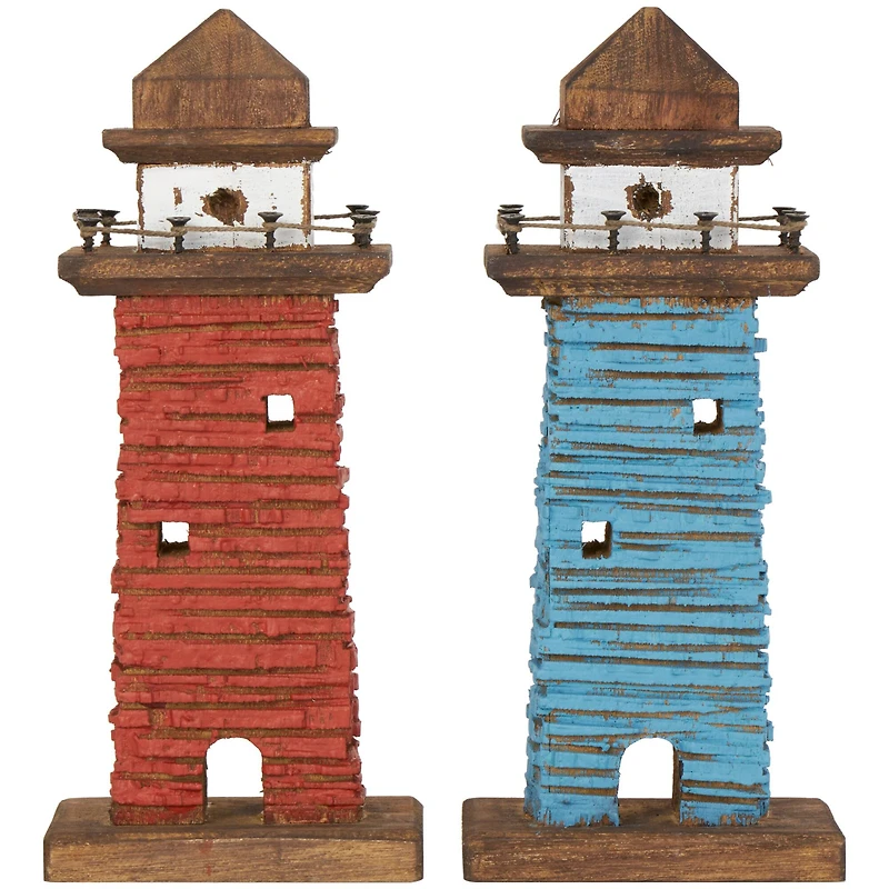 10" Red & Blue Wood Light Housee Sculpture Set