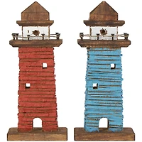 10" Red & Blue Wood Light Housee Sculpture Set