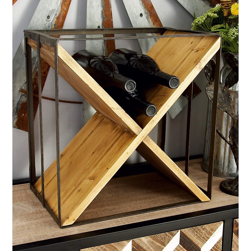 16" Wood & Metal Contemporary Wine Holder Rack