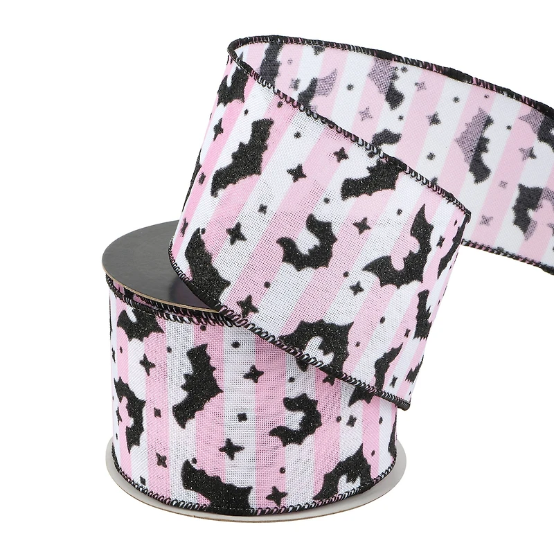 2.5" x 20ft. Glitter Bats on Pink Stripes Wired Ribbon by Celebrate It® Halloween