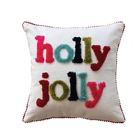 Hello Honey® 16" x 16" Square Holly Jolly Cotton Slub Pillow with Tufting & Pom Pom Trim