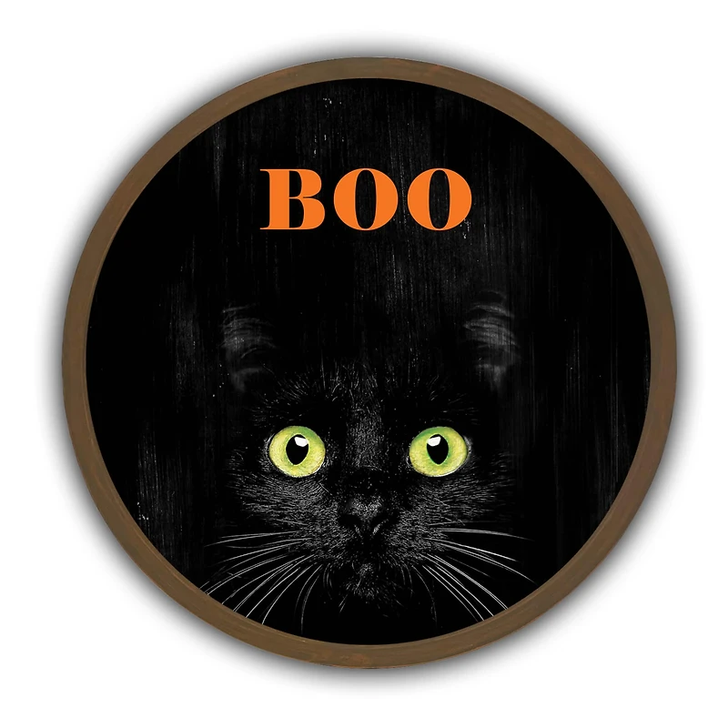 Boo Black Cat Round Framed Print Wall Art