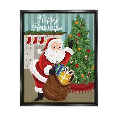 Stupell Industries Happy Holidays Santa Gift Bag Framed Floater Canvas Wall Art
