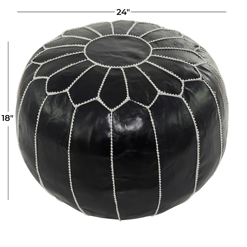 24" Black Leather Moroccan Floral Pouf with White Stitching