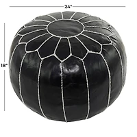 24" Black Leather Moroccan Floral Pouf with White Stitching