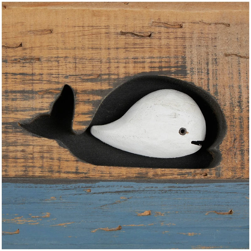 33.63" x 13.25" Brown Wood Handmade Distressed 4 Hanger Wall Hook with White Whales and Hanging Rope