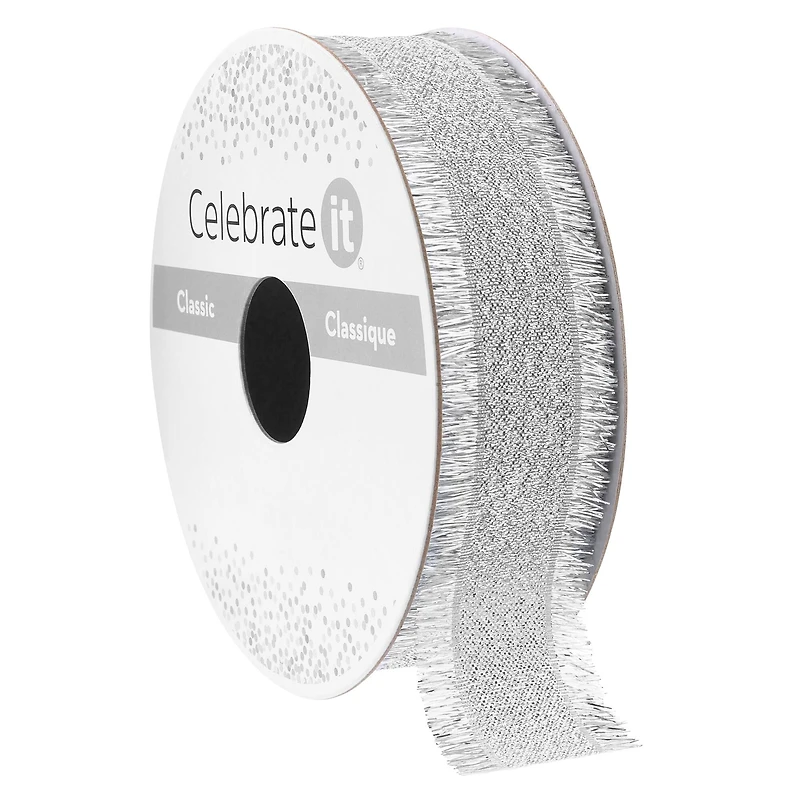 7/8" x 5yd. Silver Metallic Fringe Ribbon by Celebrate It® Classic