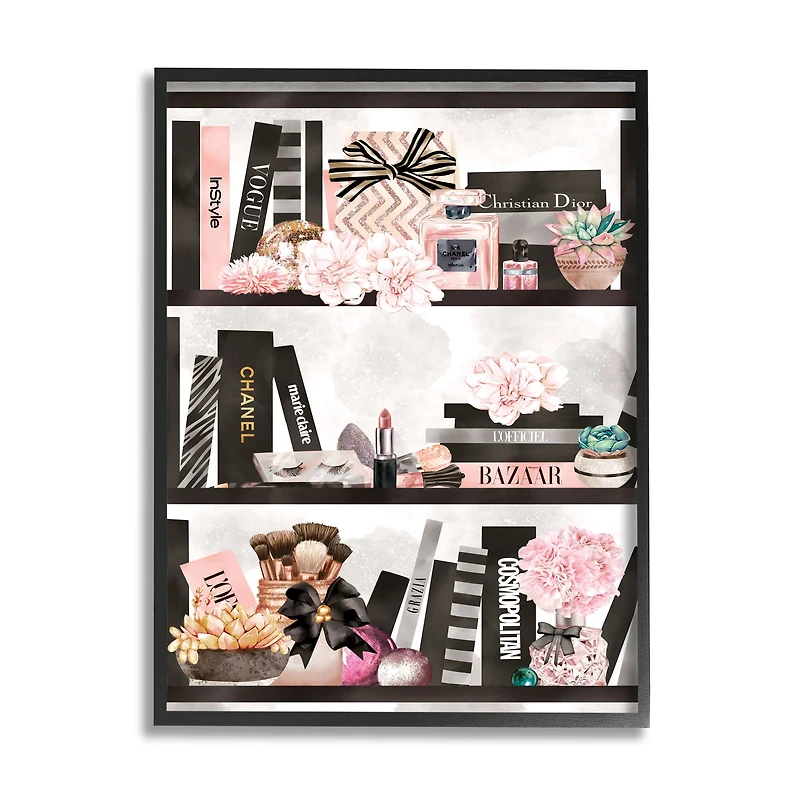 Stupell Industries Fashion Bookshelf Glam Cosmetic Accessories and Books in Frame Wall Art