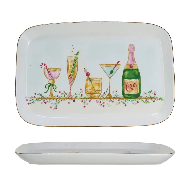 Hello Honey® 15" Stoneware Platter with Holiday Cocktails & Gold Electroplating