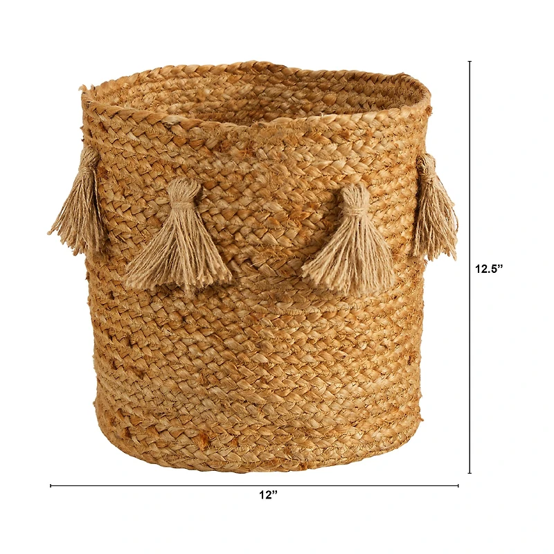 12.5'' Natural Hand-Woven Jute Boho Chic Basket Planter with Tassels
