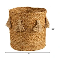 12.5'' Natural Hand-Woven Jute Boho Chic Basket Planter with Tassels