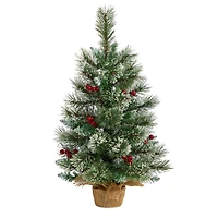 2ft. Pre-Lit Flocked Pine & Berry Artificial Christmas Tree in Burlap Base, Warm White LED Lights